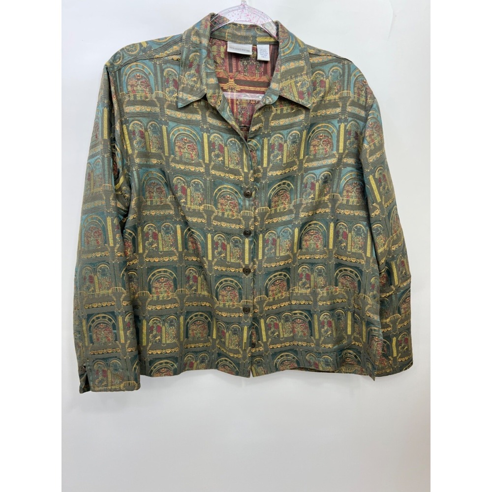 Chicos Linen Silk Blend Jacket Blouse Green Gold Pattern Womens Size 1 (Med)